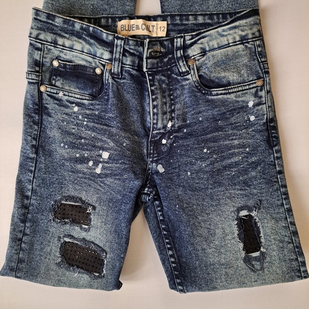 Blue Cult Boys Slim Fit Jeans Size 12 Distressed Rhinestone Paint Splatter Denim - Picture 3 of 5
